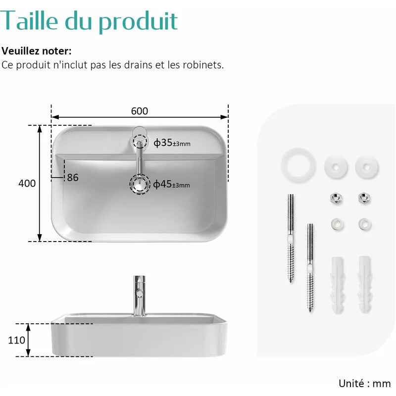 EMKE CB02 Vasque à Poser en céramique, Lavabo rectangulaire en céramique Arc, blanc brillant
