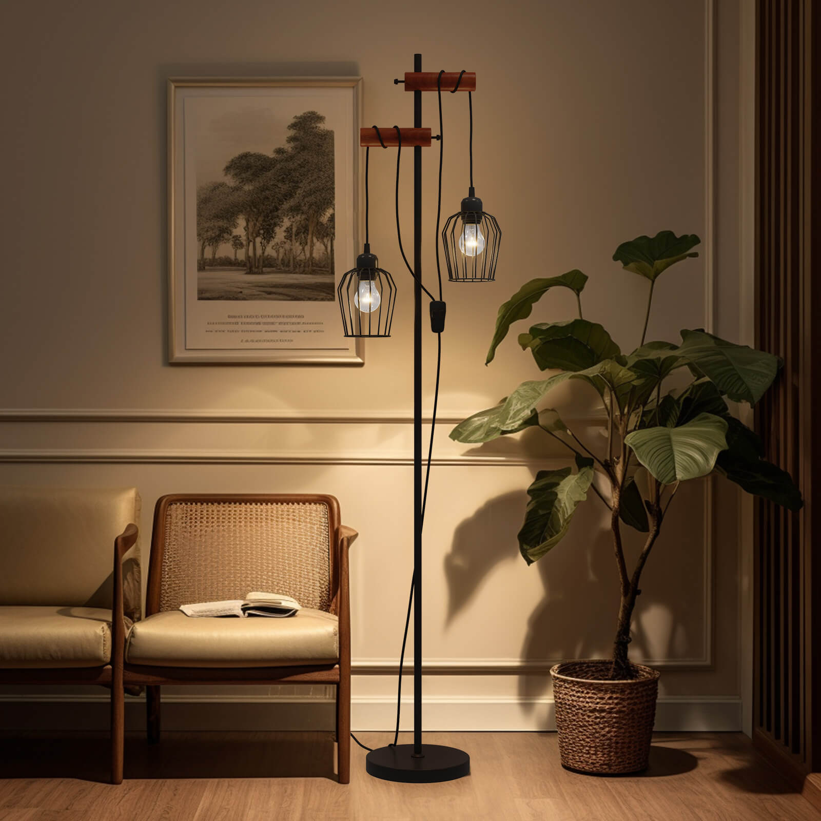 Inlight Lampadaire Moderne IN-0857-2-BK (noir Mat) – Abat-jour Tissu + Diffuseur Givré, 2 Lumières, 150 Cm