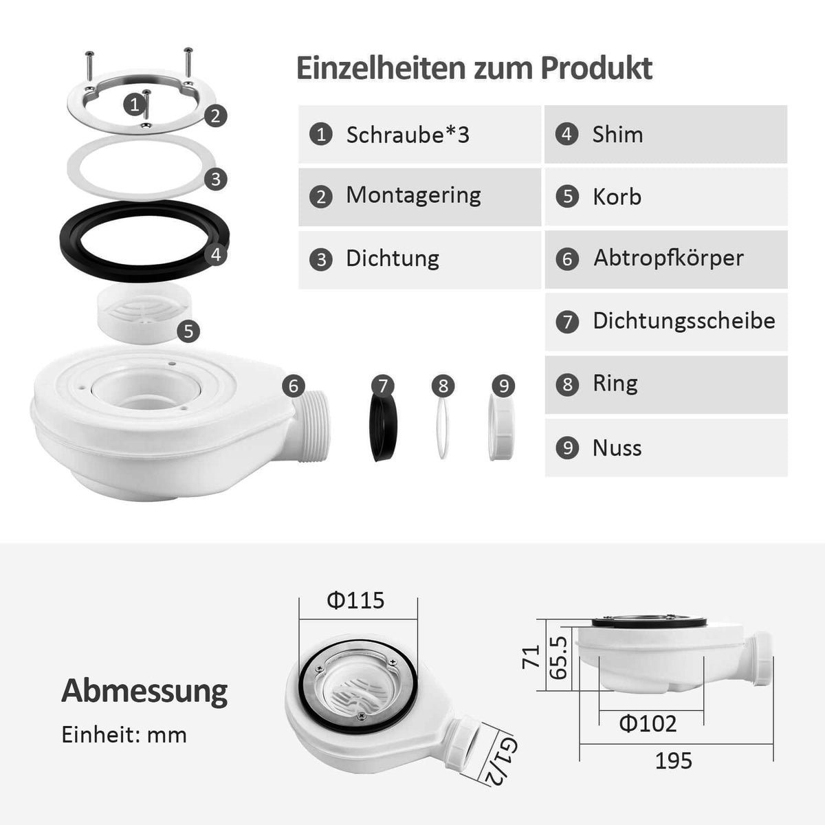Embout d'écoulement EMKE pour receveur de douche, blanc