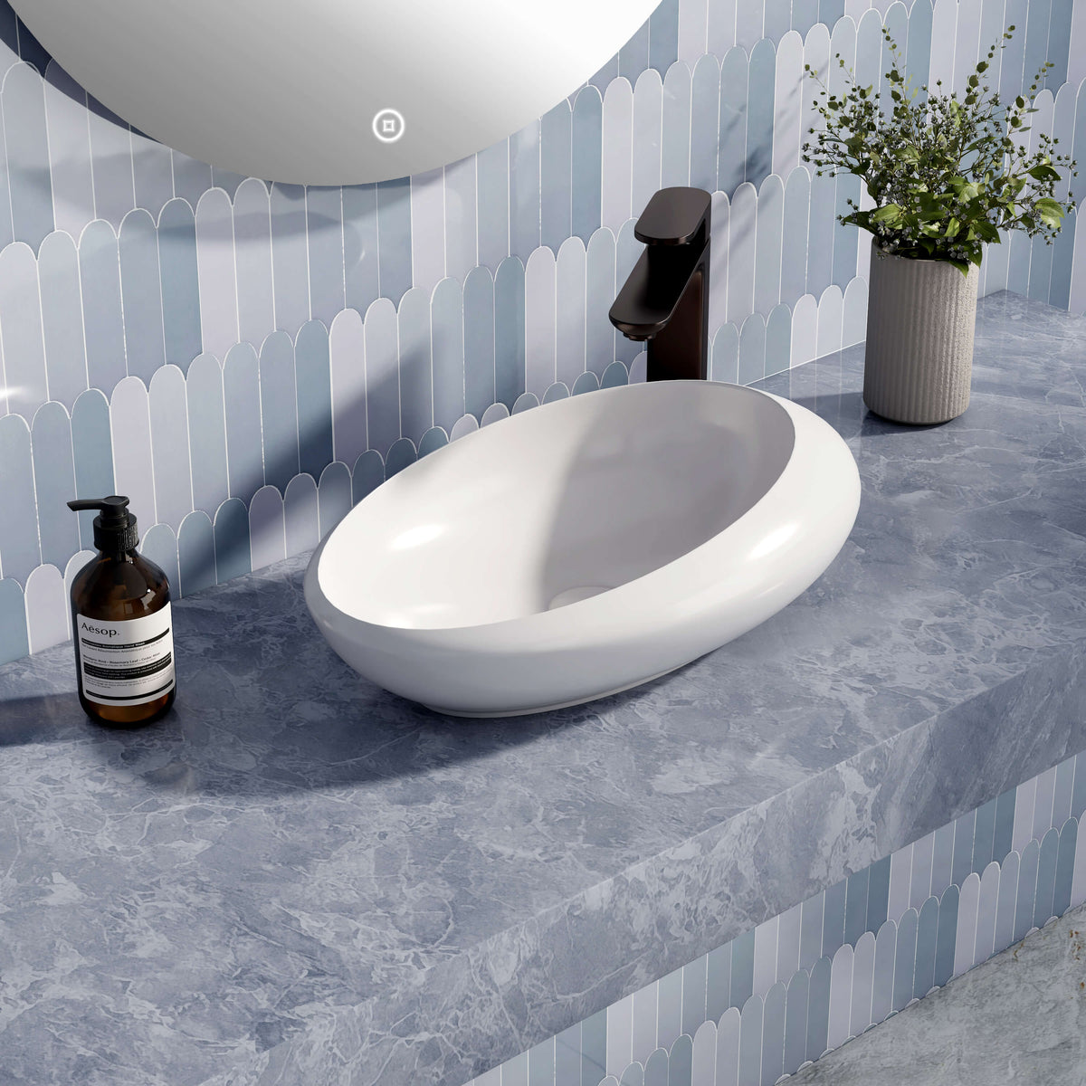 EMKE CB07 vasque à poser blanc, ovale, design asymétrique
