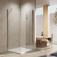 Cabine de douche d'angle EMKE avec paroi latérale et porte pliante pivotante, hauteur : 185 cm/195 cm