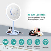 EMKE Miroir cosmétique avec lumière, rechargeable, 3 couleurs de lumière, grossissement 1X/3X, rotatif à 90°, interrupteur tactile, fonction mémoire, bleu clair/rose/violet/blanc