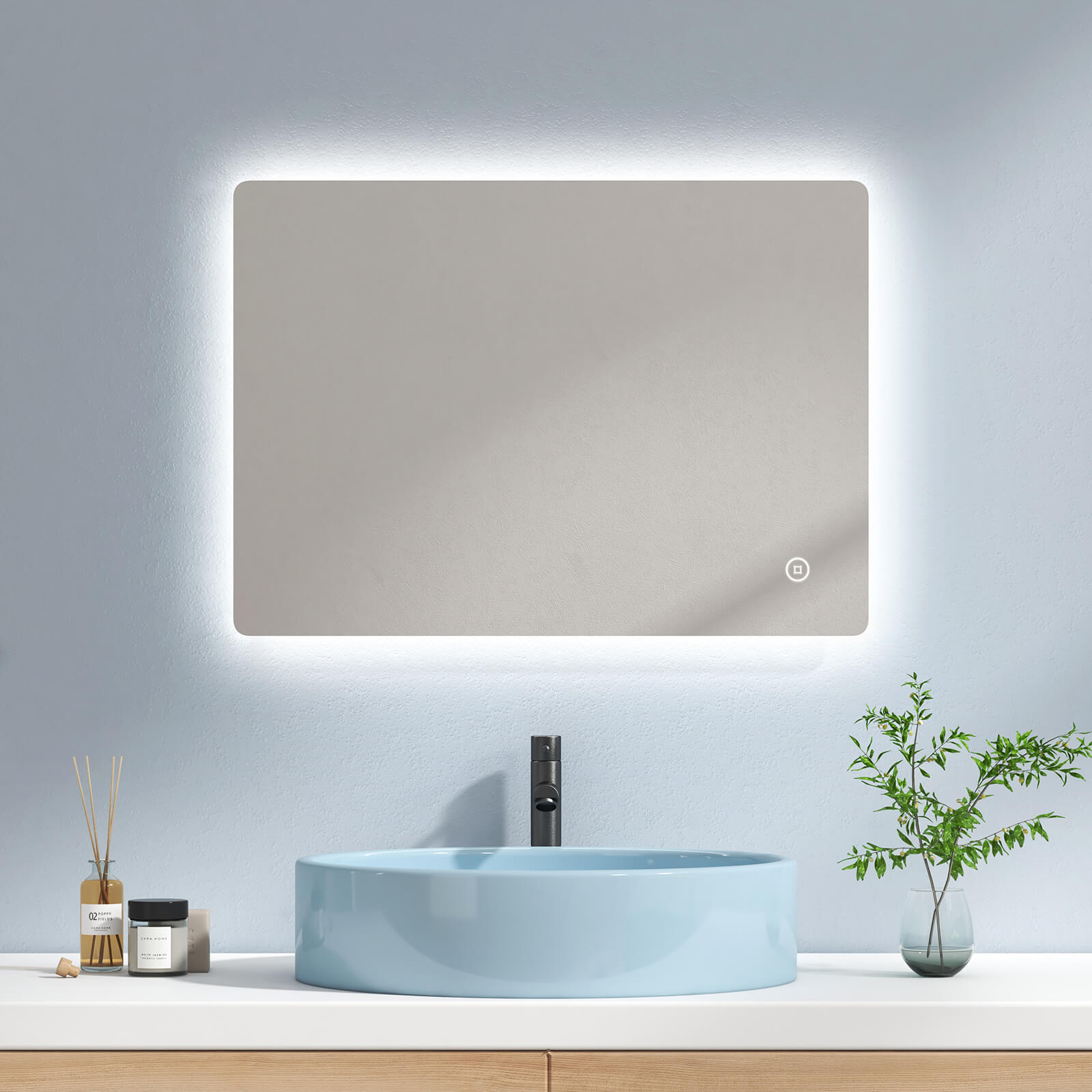 Miroir de salle de bain EMKE LM09 rectangulaire avec éclairage intégré,  disponible avec diverses fonctions - 80x60+Toucher+Anti-buée / 6500K