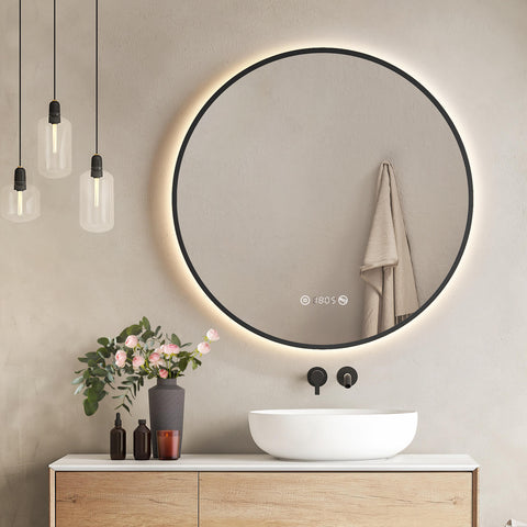 EMKE OLM09 miroir de salle de bain rond LED, horloge, antibuée, blanc chaud (4300K), dimmable, Ø60/70/80 cm