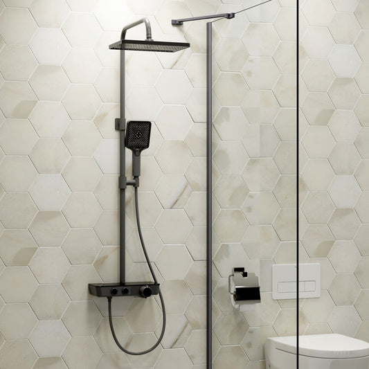 EMKE F08 Colonne de douche thermostatique avec set de douche avec étagère en verre, Anthracite/Chrome
