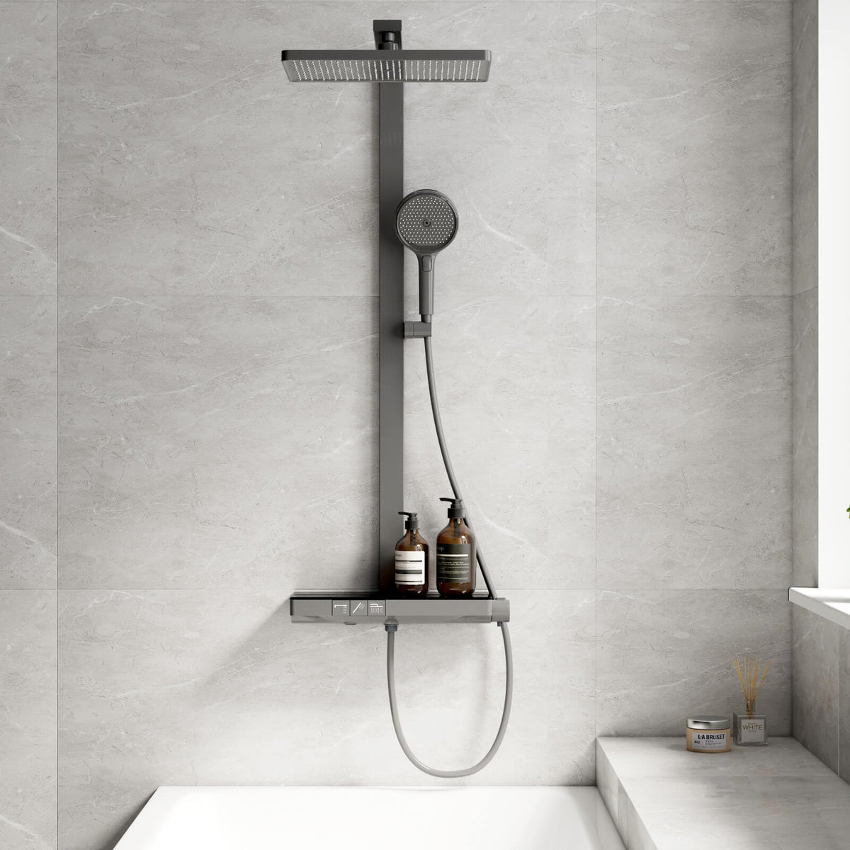EMKE F11 Colonne de douche thermostatique avec plaque thermostatique de 40 cm, Anthracite/Blanc