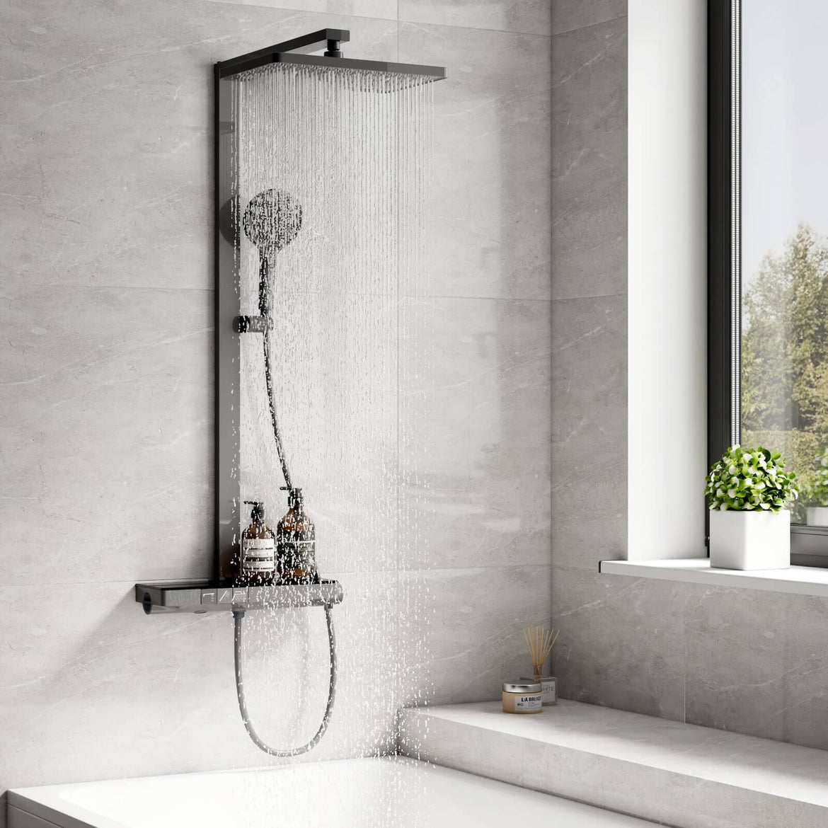 Colonne De Douche Thermostatique EMKE – 36x14 Cm – Étagères Verre – Neuve