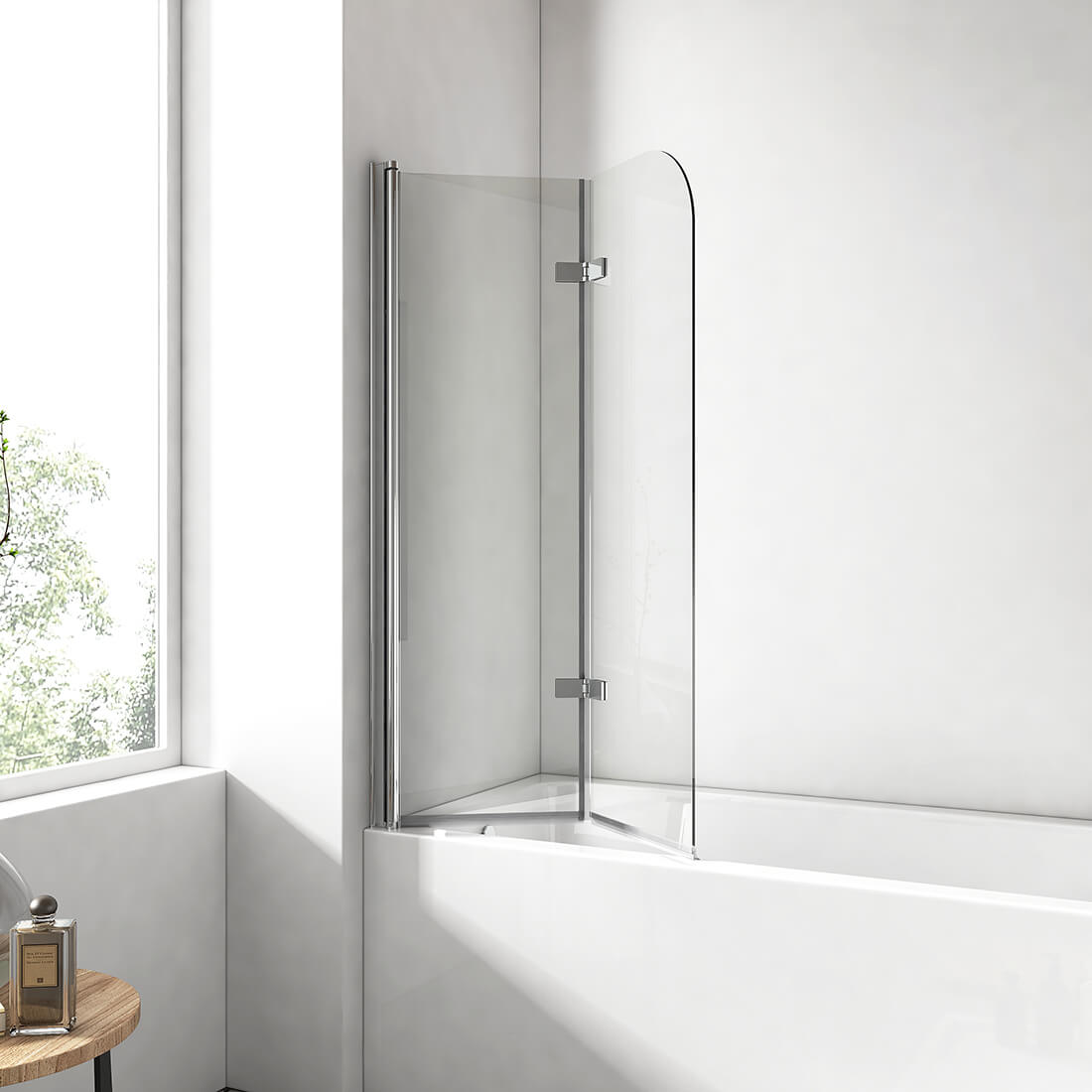 EMKE Pare-baignoire rabattable, 2 volets, profilé noir/chrome, verre de sécurité de 6 mm