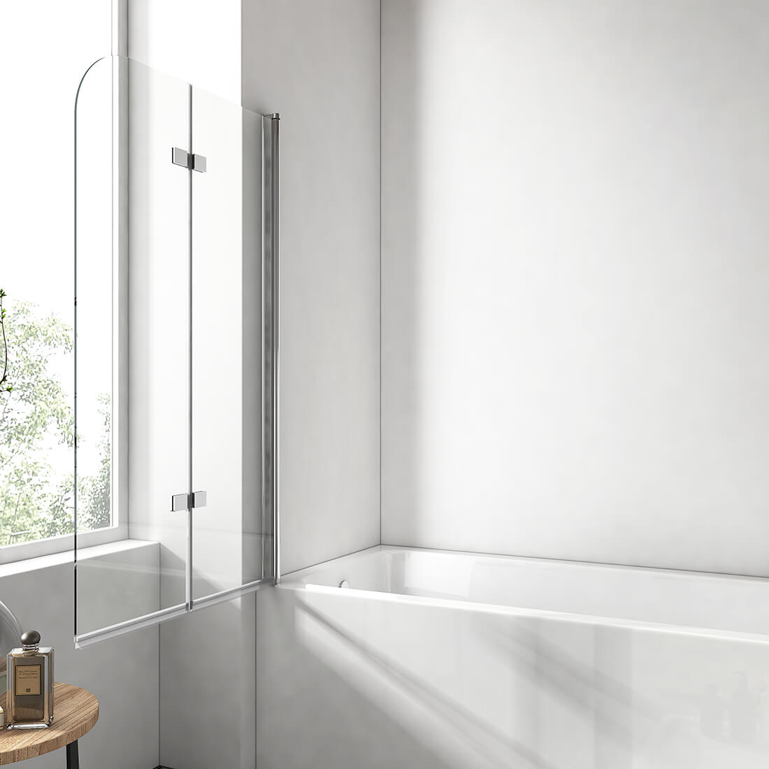 EMKE Pare-baignoire rabattable, 2 volets, profilé noir/chrome, verre de sécurité de 6 mm