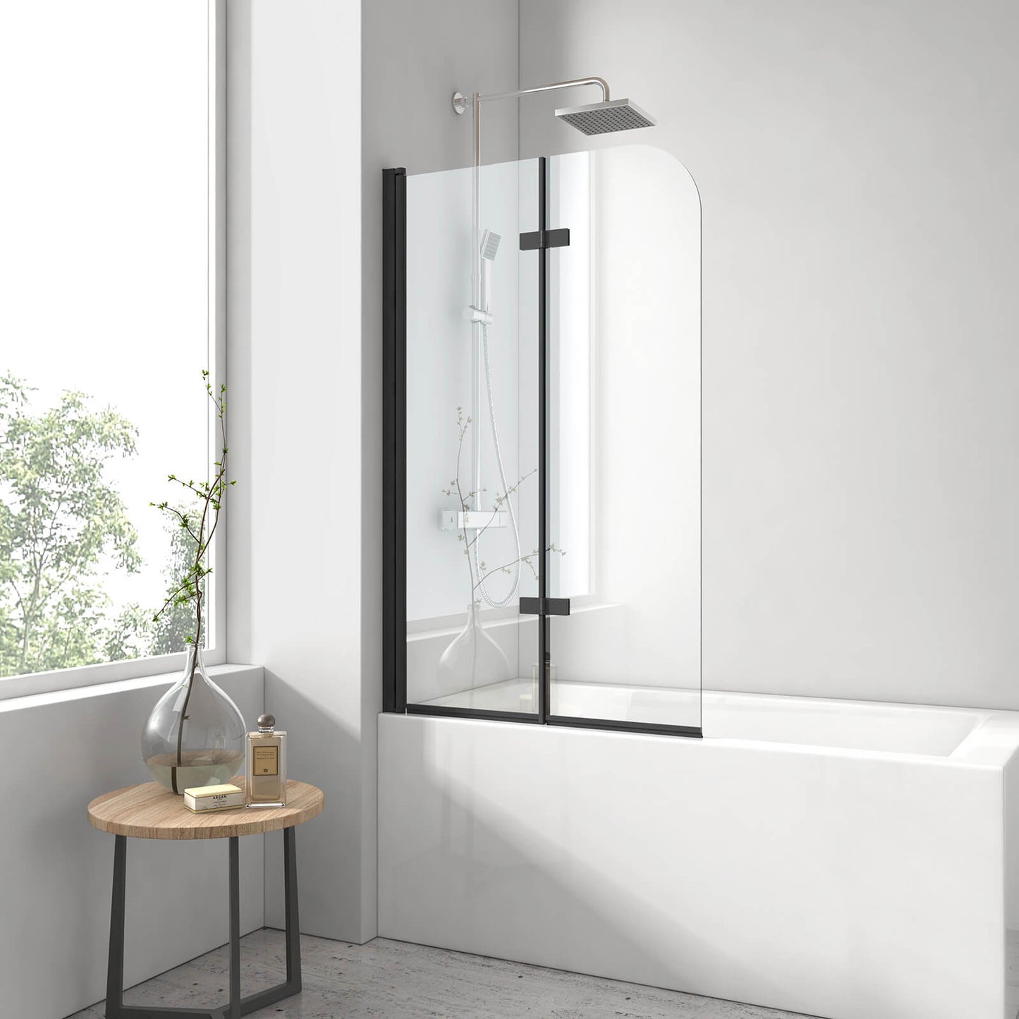 EMKE Pare-baignoire rabattable, 2 volets, profilé noir/chrome, verre de sécurité de 6 mm