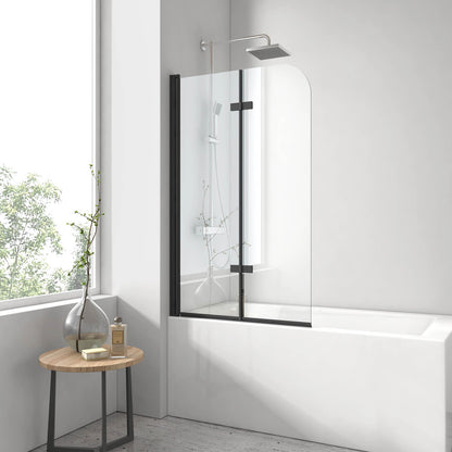 EMKE Pare-baignoire rabattable, 2 volets, profilé noir/chrome, verre de sécurité de 6 mm