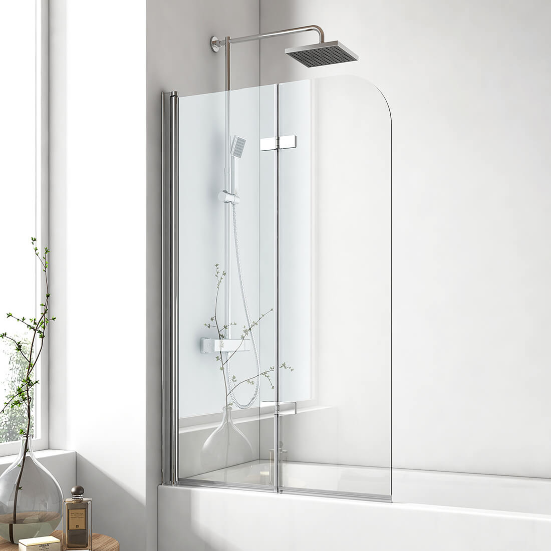 EMKE Pare-baignoire rabattable, 2 volets, profilé noir/chrome, verre de sécurité de 6 mm
