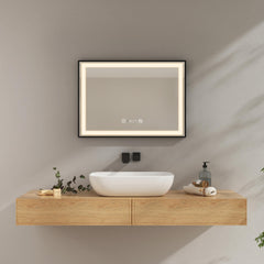 Miroir de salle de bain EMKE LM23, cadre noir, blanc neutre (4300K), horloge, température, antibuée, fonction mémoire, suspension horizontale