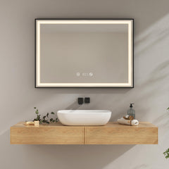 Miroir de salle de bain EMKE LM23, cadre noir, blanc neutre (4300K), horloge, température, antibuée, fonction mémoire, suspension horizontale