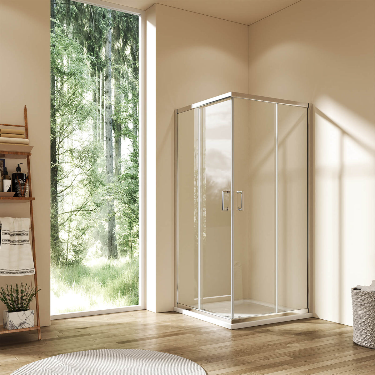 Cabine de douche d'angle avec deux portes coulissantes, verre trempé, hauteur 185 cm/195 cm
