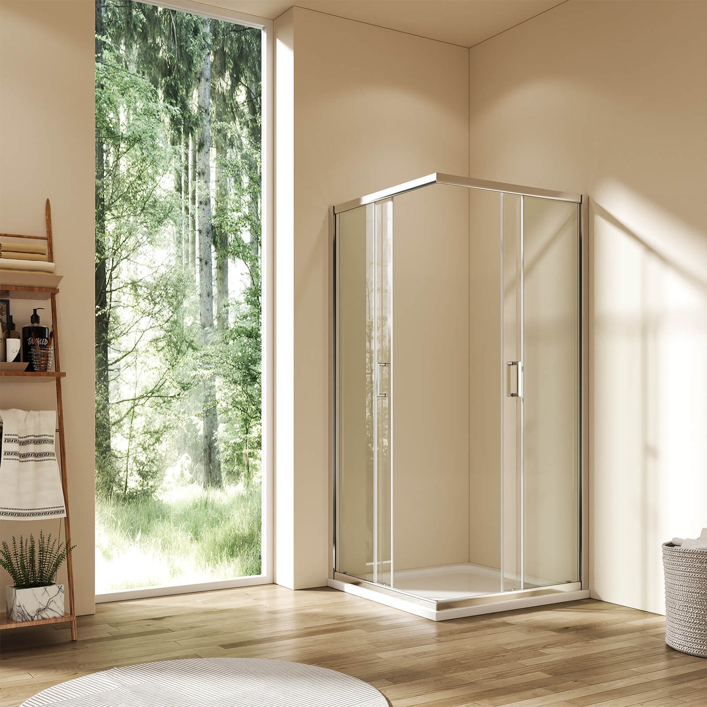 Cabine de douche d'angle avec deux portes coulissantes, verre trempé, hauteur 185 cm/195 cm