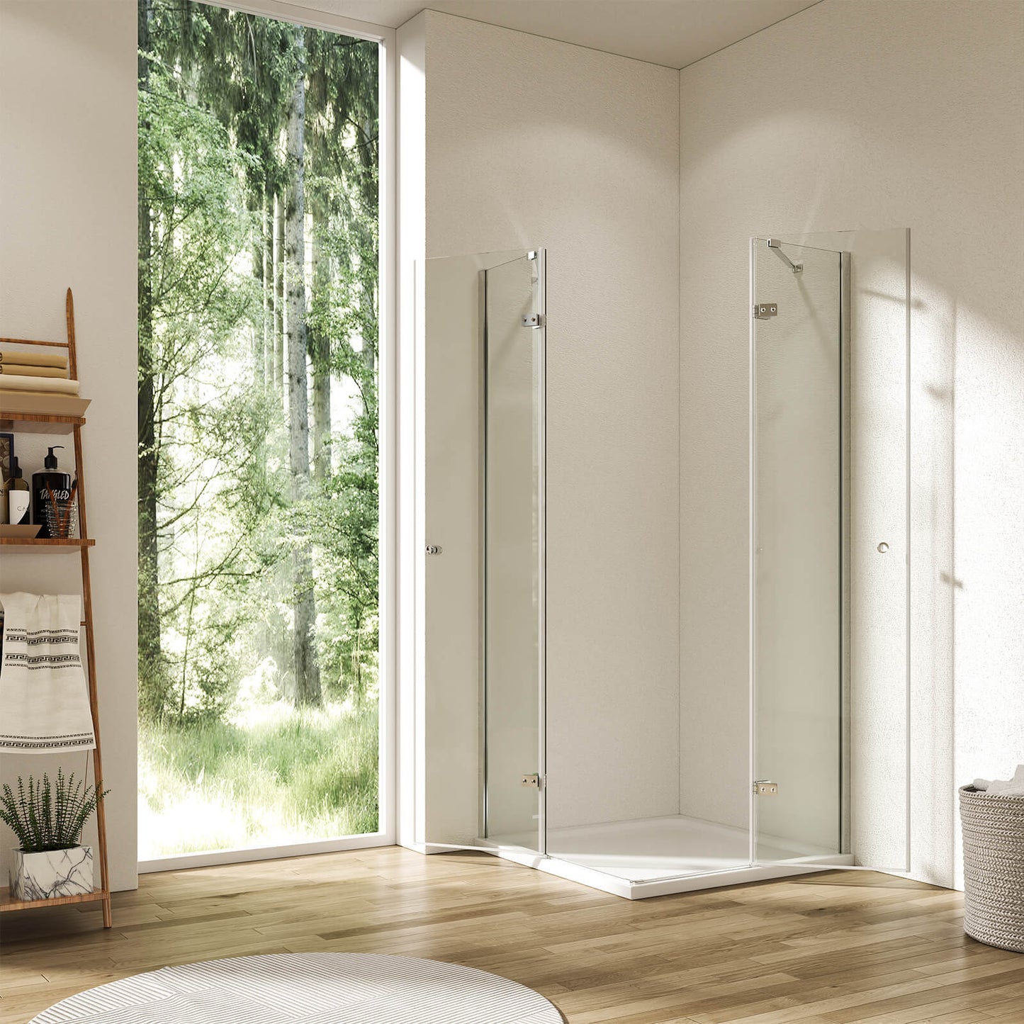 Cabine de douche d'angle sans cadre EMKE avec portes battantes et barres de support, hauteur 185 cm/195 cm