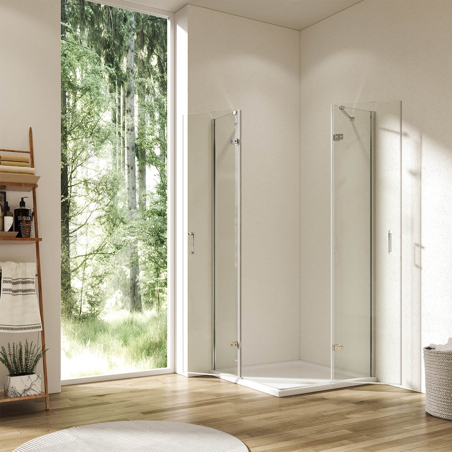Cabine de douche d'angle sans cadre EMKE avec portes battantes et barres de support, hauteur 185 cm/195 cm