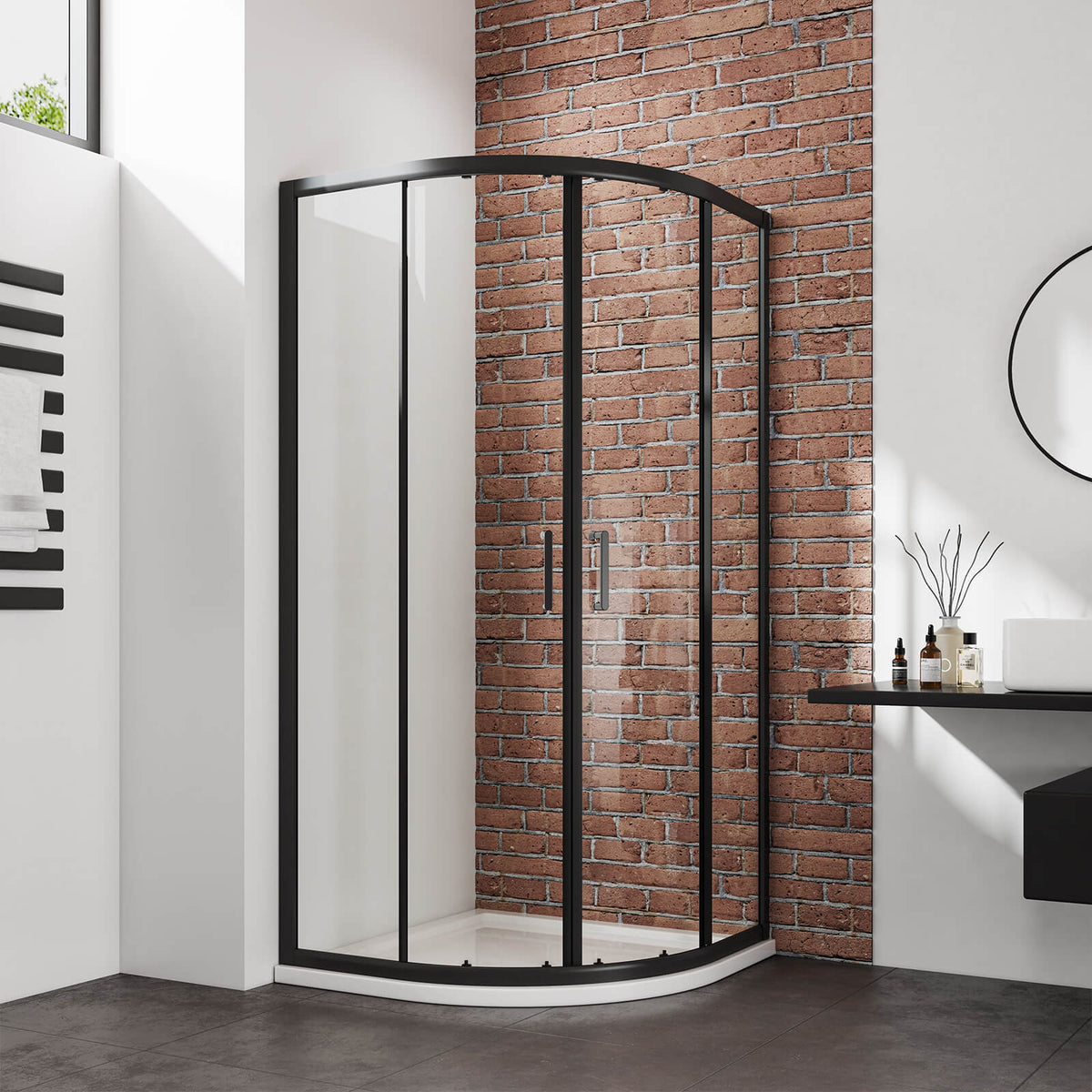 Cabine de douche quart de cercle à porte coulissante, blanc/noir, hauteur 185 cm