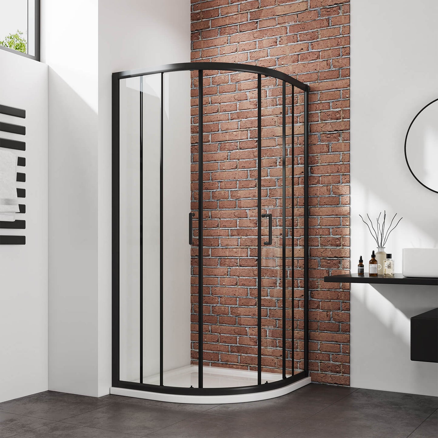 Cabine de douche quart de cercle à porte coulissante, blanc/noir, hauteur 185 cm