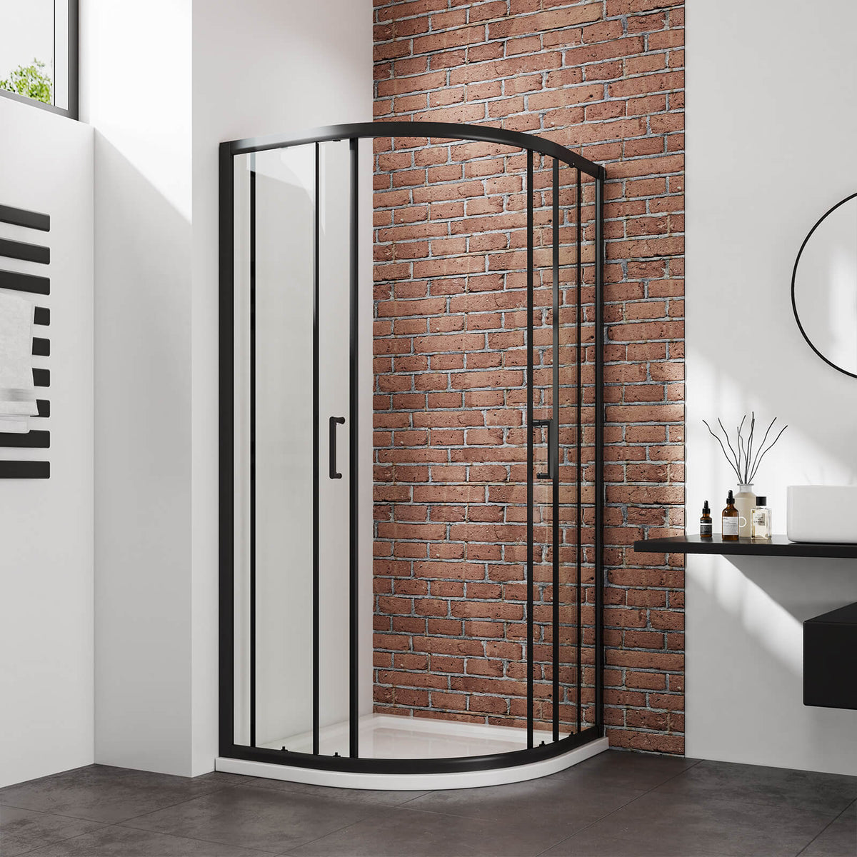 Cabine de douche quart de cercle à porte coulissante, blanc/noir, hauteur 185 cm