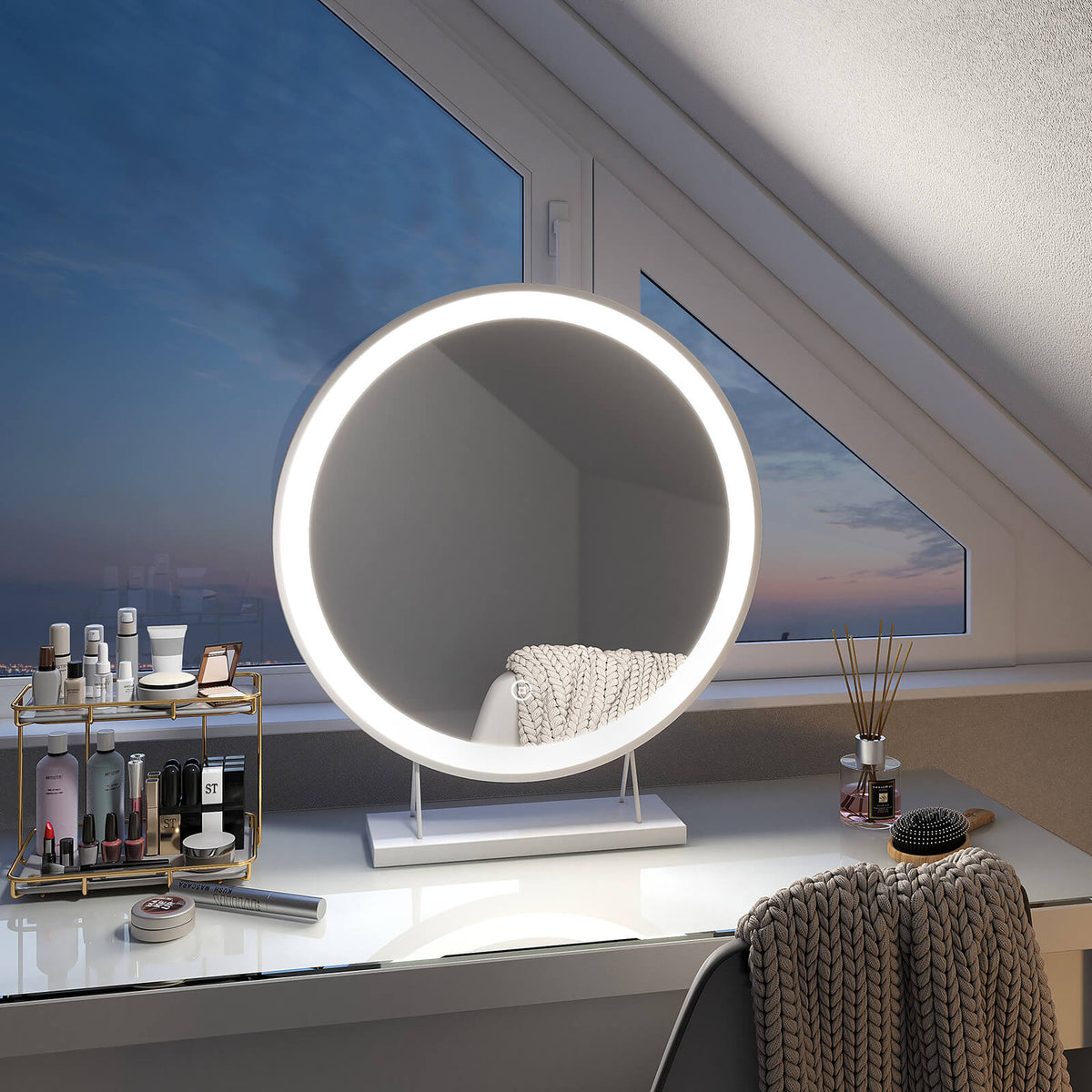 EMKE CM01 Miroir de maquillage de table rond éclairé par LED avec cadre, ф40/48cm