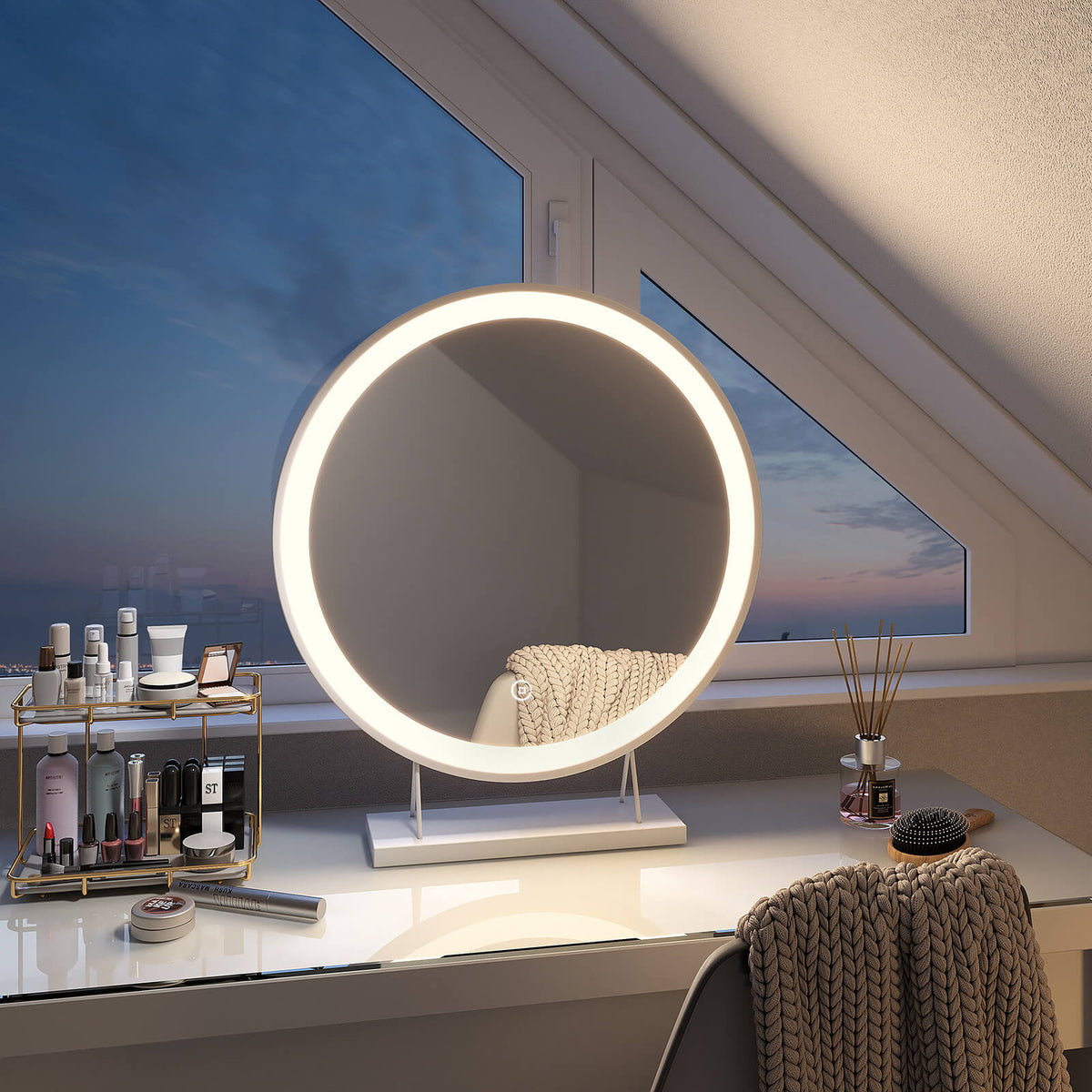 EMKE CM01 Miroir de maquillage de table rond éclairé par LED avec cadre, ф40/48cm