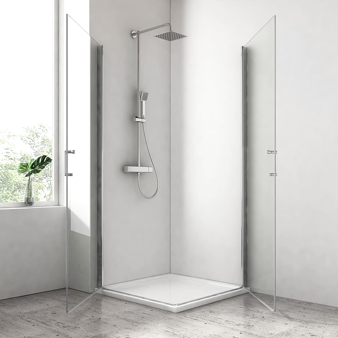 Cabine de douche à double porte pour installation en angle, hauteur 185 cm/195 cm
