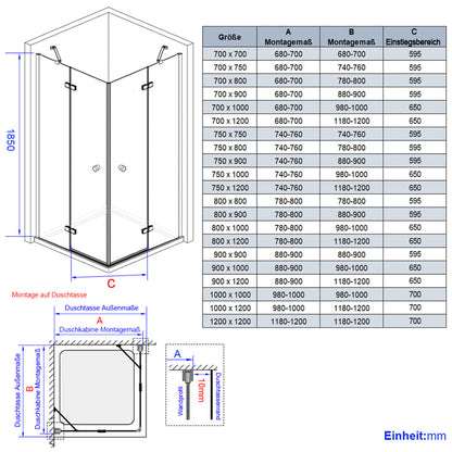 Cabine de douche d'angle sans cadre EMKE avec portes battantes et barres de support, hauteur 185 cm/195 cm