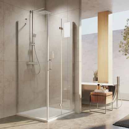 Cabine de douche d'angle EMKE avec paroi latérale et porte pliante pivotante, hauteur : 185 cm/195 cm