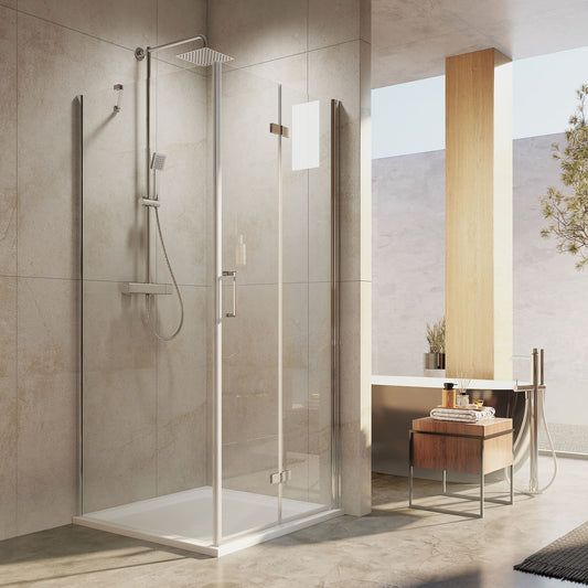 Cabine de douche d'angle EMKE avec paroi latérale et porte pliante pivotante, hauteur : 185 cm/195 cm