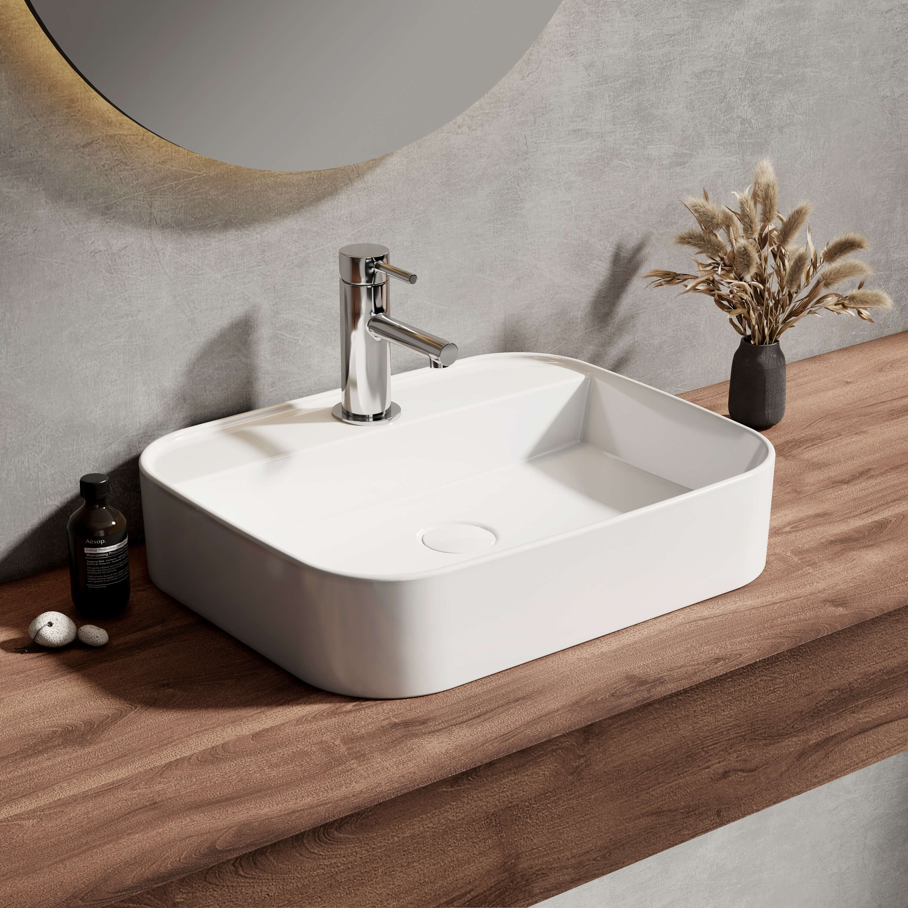 Lavabo à Poser Céramique 50x40x11 Cm EMKE - Blanc Brillant, Design Moderne Minimaliste Pour Salle De Bain & WC