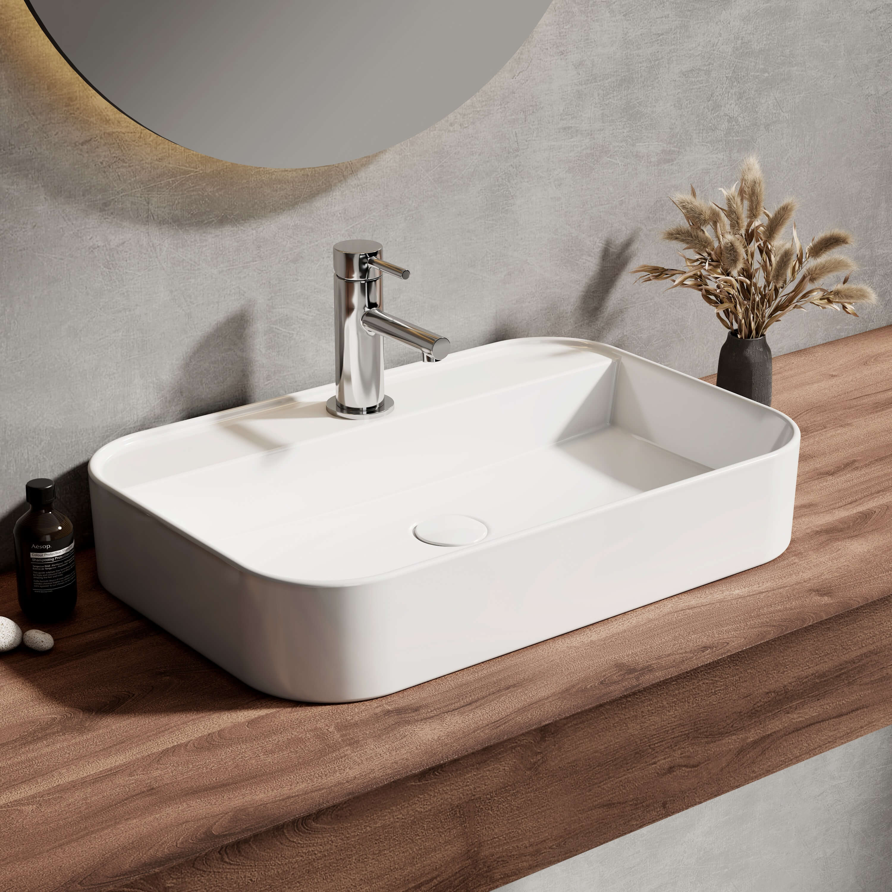 EMKE Vasque à poser, Lavabo salle de bain au mur, 405x280x140mm, Vasque rectangulaire en céramique, Blanc brillant, trou de robinet à gauche