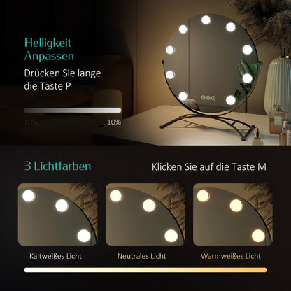 EMKE CM11 Hollywood miroir cosmétique rond avec éclairage, 3 couleurs de lumière, grossissement 7x