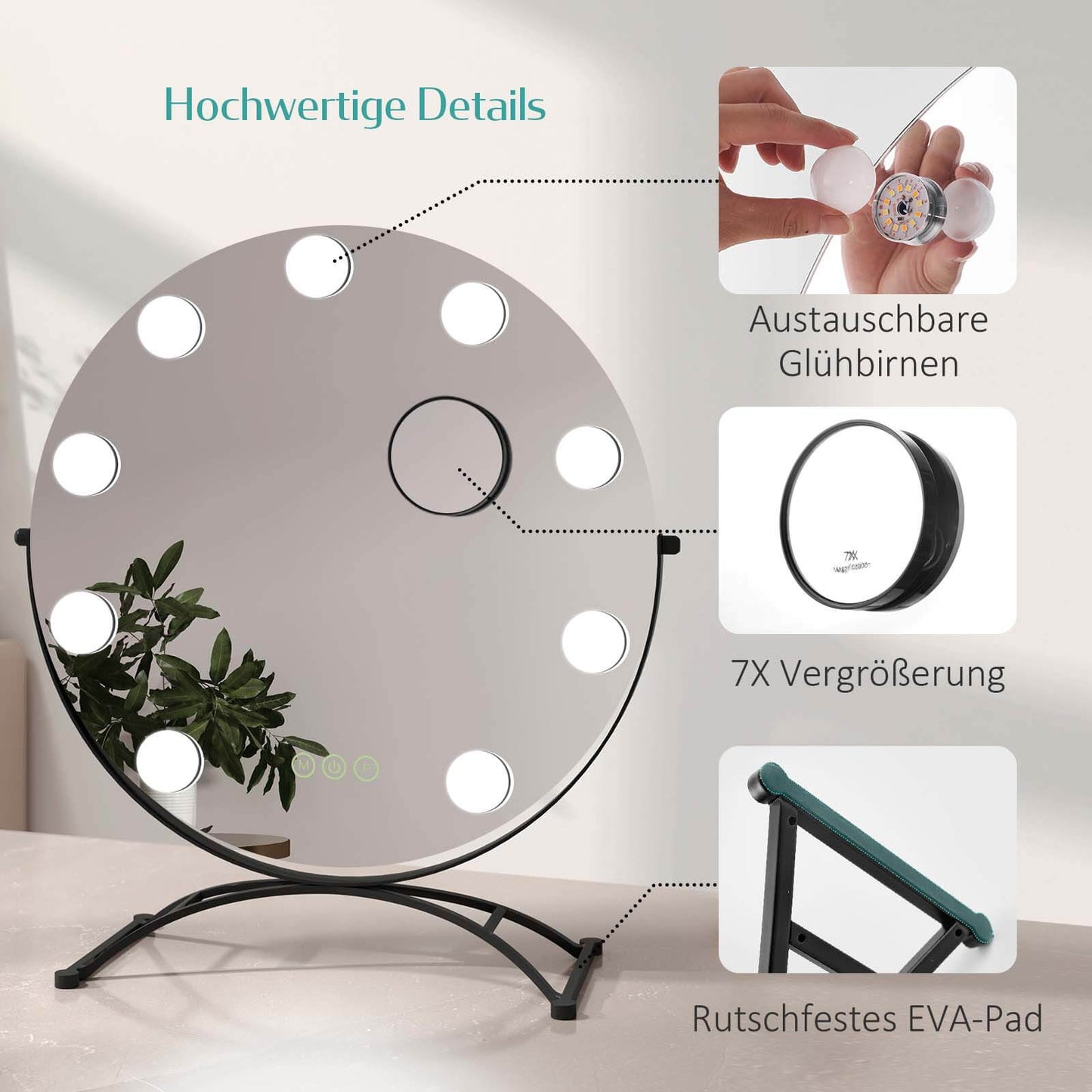 EMKE CM11 Hollywood miroir cosmétique rond avec éclairage, 3 couleurs de lumière, grossissement 7x