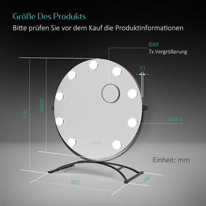 EMKE CM11 Hollywood miroir cosmétique rond avec éclairage, 3 couleurs de lumière, grossissement 7x