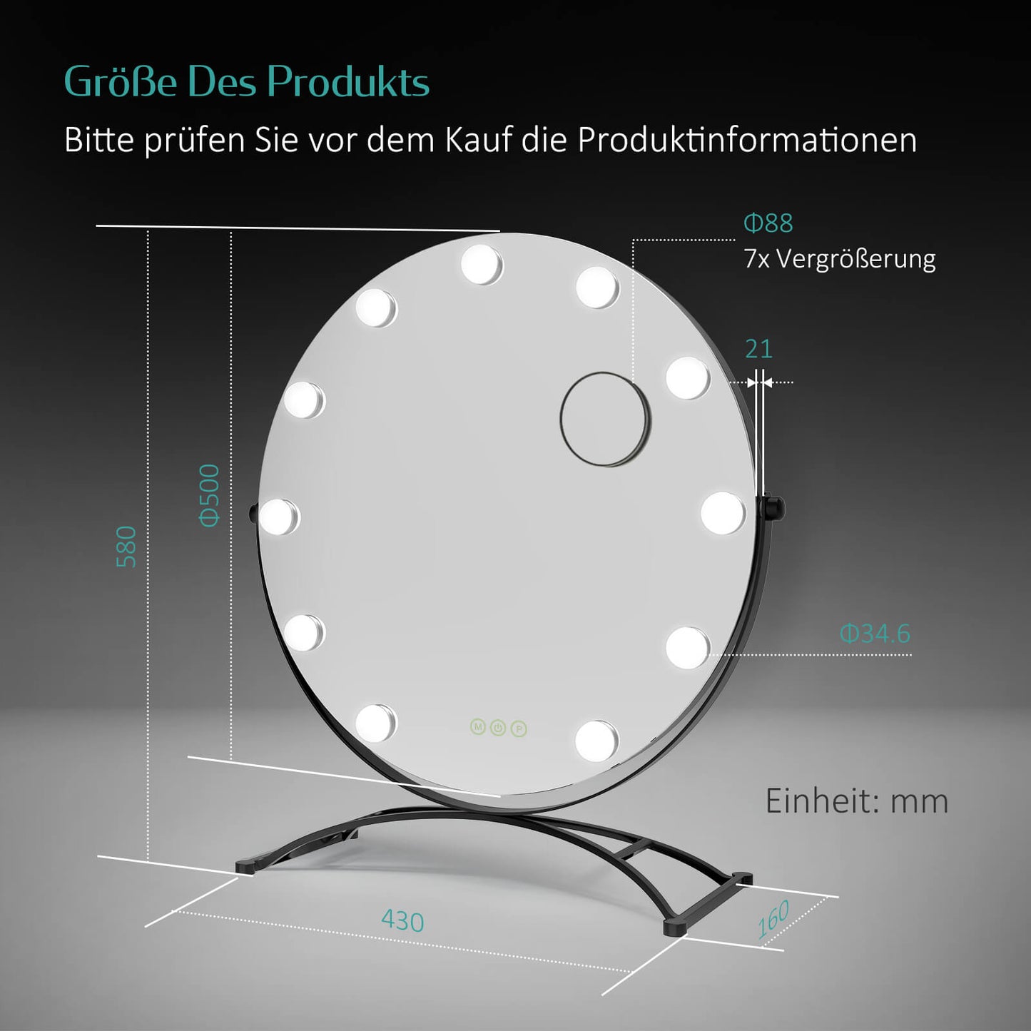 EMKE CM11 Hollywood miroir cosmétique rond avec éclairage, 3 couleurs de lumière, grossissement 7x