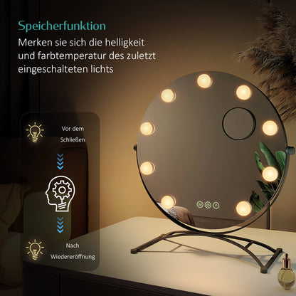 EMKE CM11 Hollywood miroir cosmétique rond avec éclairage, 3 couleurs de lumière, grossissement 7x