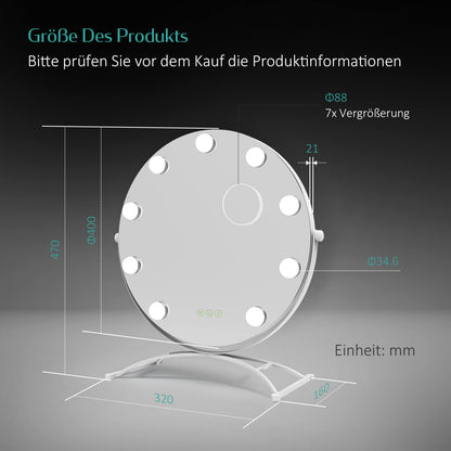 EMKE CM11 Hollywood miroir cosmétique rond avec éclairage, 3 couleurs de lumière, grossissement 7x
