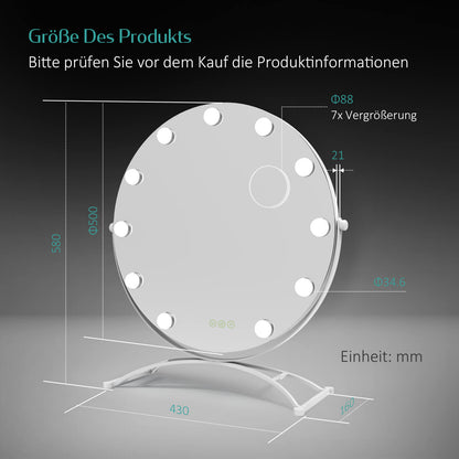 EMKE CM11 Hollywood miroir cosmétique rond avec éclairage, 3 couleurs de lumière, grossissement 7x