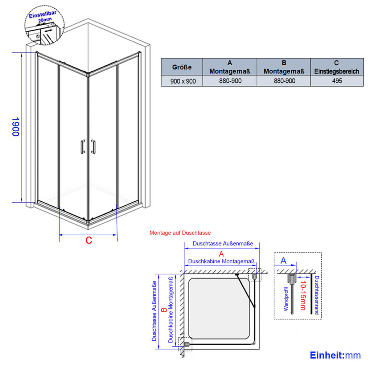 Cabine de douche carrée à double porte coulissante, noire, hauteur 190 cm