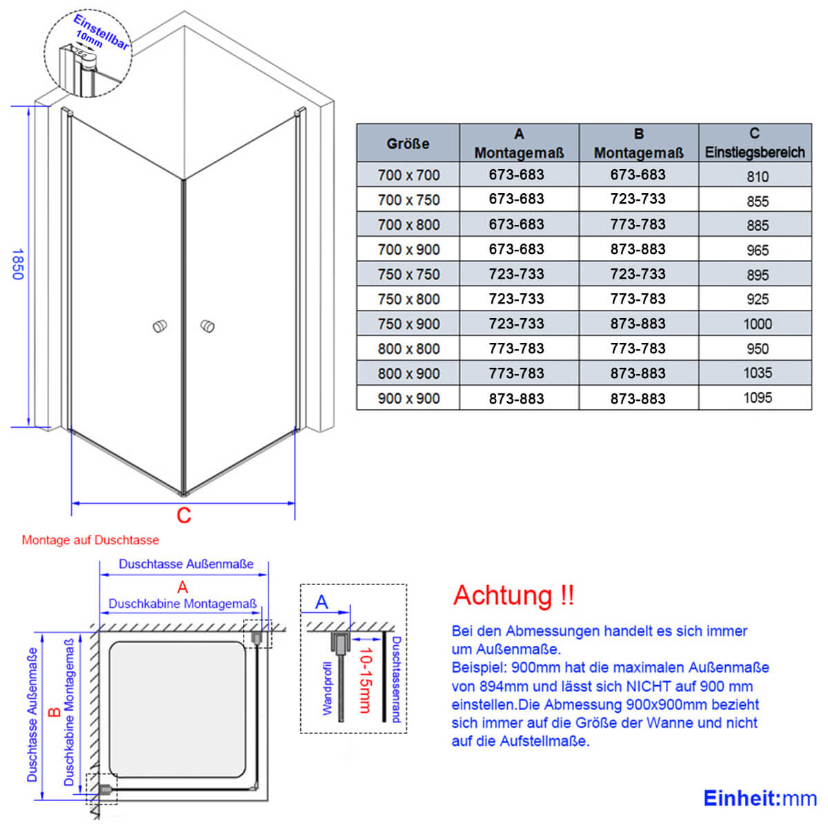 Cabine de douche à double porte pour installation en angle, hauteur 185 cm/195 cm