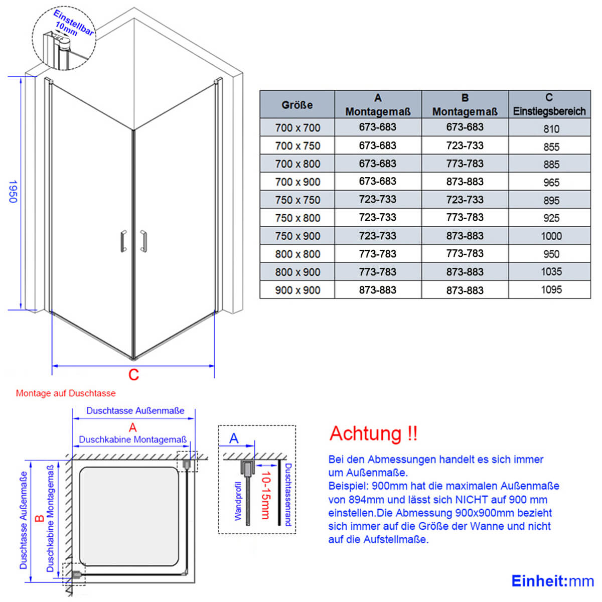 Cabine de douche à double porte pour installation en angle, hauteur 185 cm/195 cm