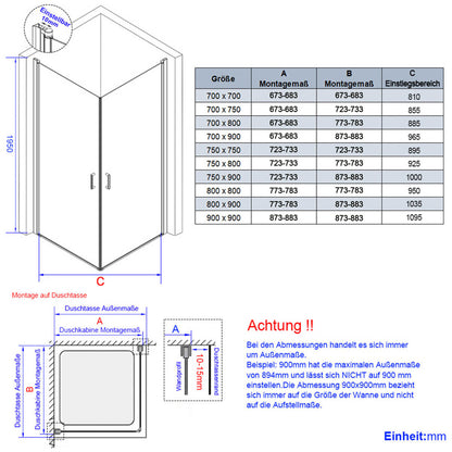 Cabine de douche à double porte pour installation en angle, hauteur 185 cm/195 cm