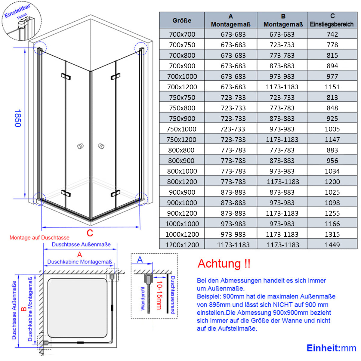 Cabine de douche EMKE avec double portes pliantes, hauteur : 185 cm/195 cm