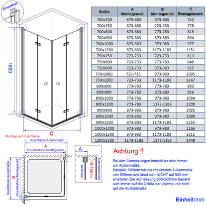Cabine de douche EMKE avec double portes pliantes, hauteur : 185 cm/195 cm