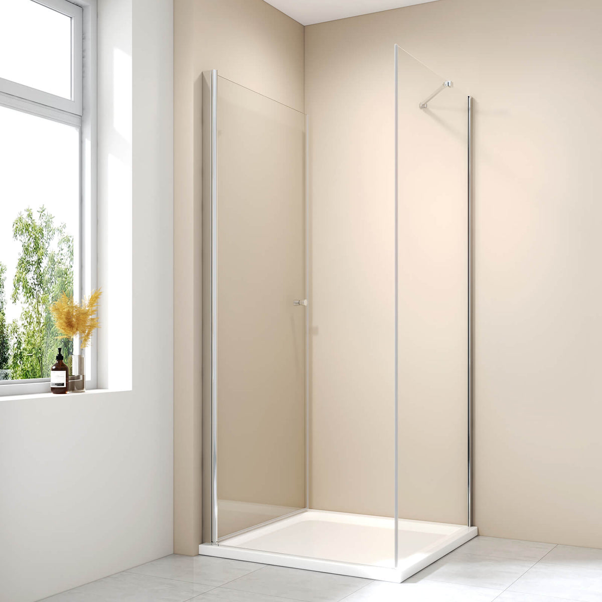 Cabine de douche d'angle avec porte et panneau latéral fixe, hauteur 185cm/195cm