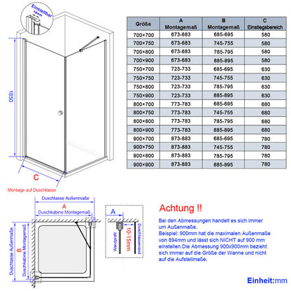 Cabine de douche d'angle avec porte et panneau latéral fixe, hauteur 185cm/195cm