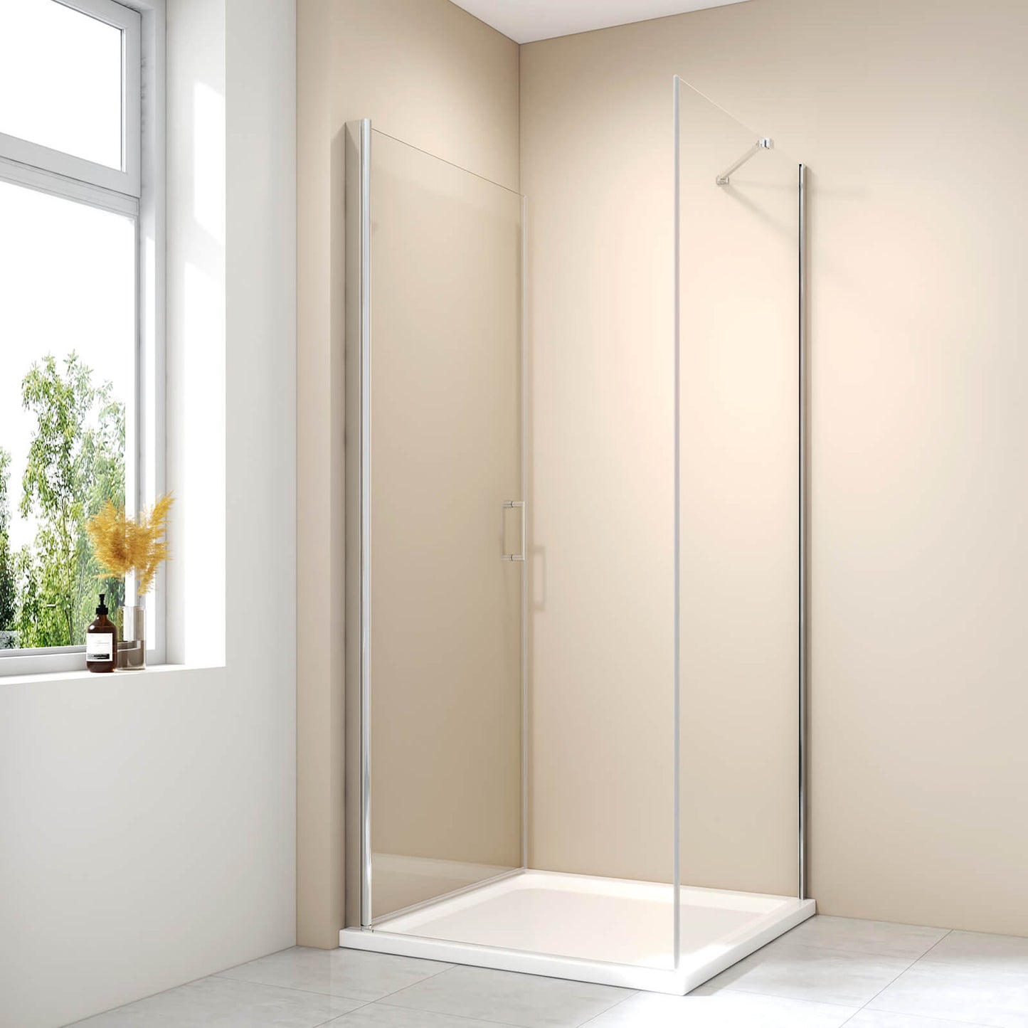Cabine de douche d'angle avec porte et panneau latéral fixe, hauteur 185cm/195cm