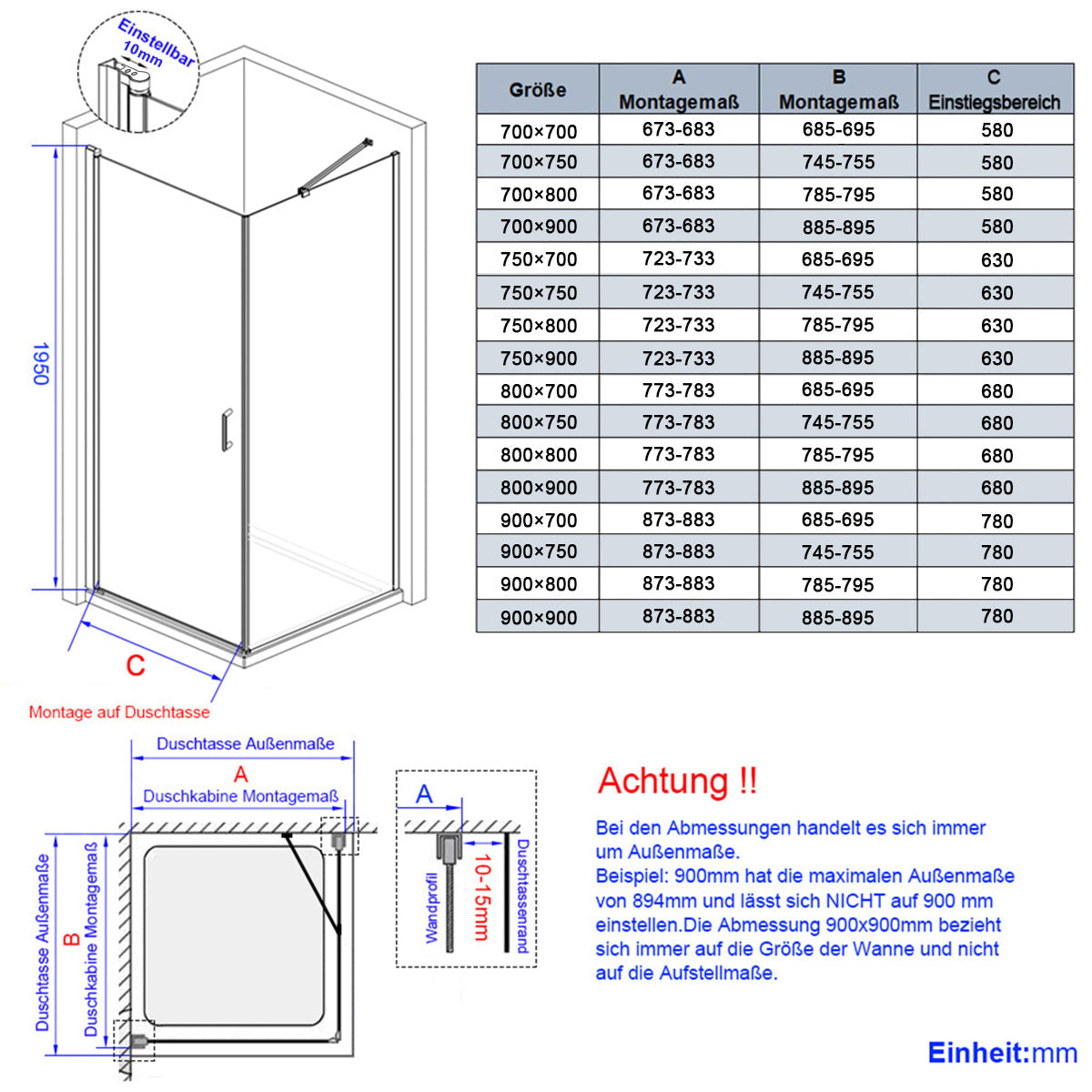 Cabine de douche d'angle avec porte et panneau latéral fixe, hauteur 185cm/195cm